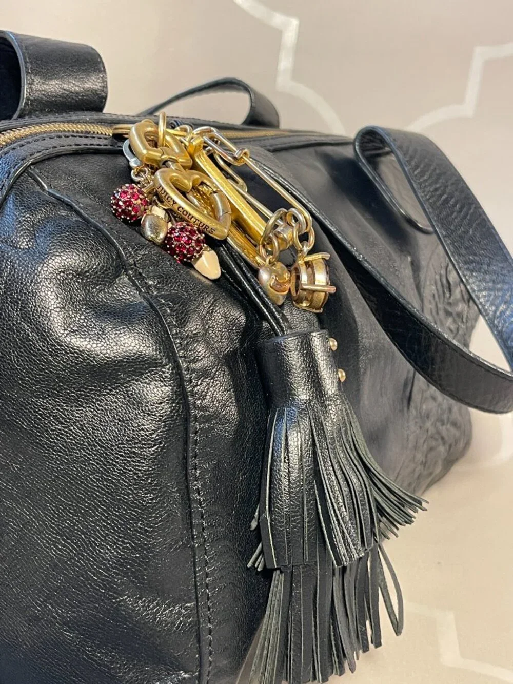 Juicy Couture Y2K Black Leather Bowling Shoulder Bag Tassel Logo Purse